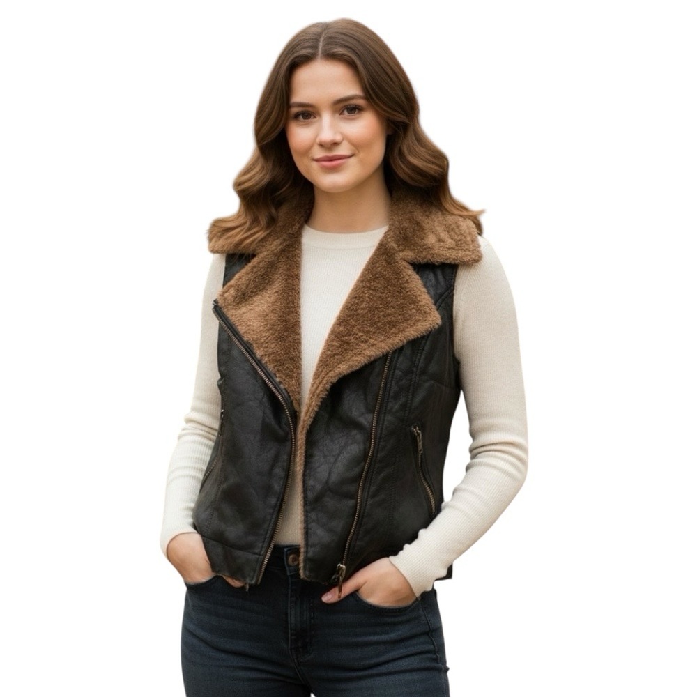 Faux Leather Sherpa Lined Moto Vest Brown & Black Zip Up Biker Style
